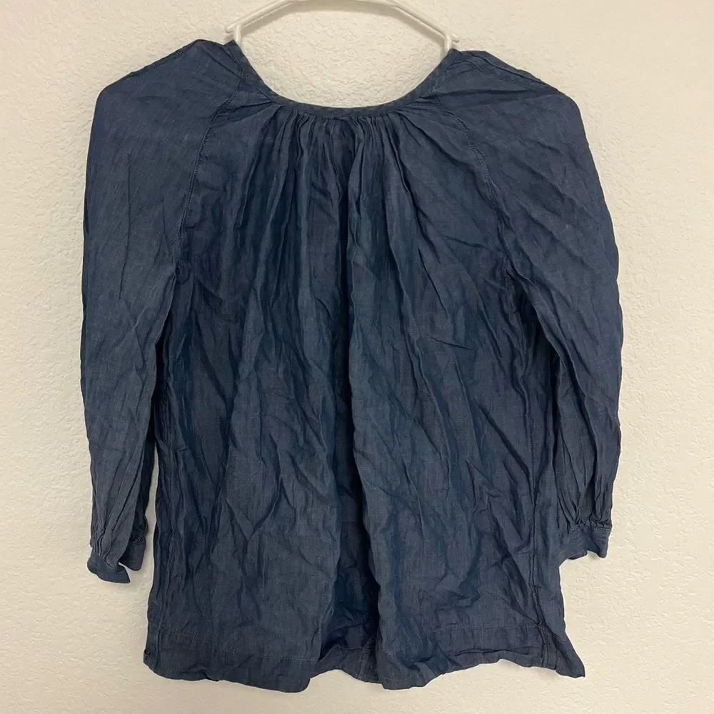 Madewell Womens XXS Chambray Blouse‎ Top 3/4 Puff Sleeve Pintuck Keyhole Neck